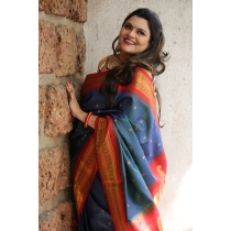 Pure Silk Kuttu Gadhwal Royal Blue With Red Golden Border