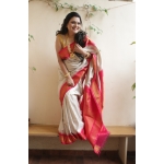 Pure Silk Off-white Kuttu Gadhwal With Bright Red Border