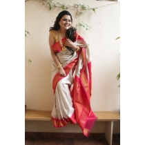 Pure Silk Off-white Kuttu Gadhwal With Bright Red Border
