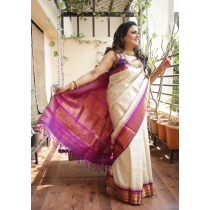 Pure Silk  Cream Kuttu Gadhwal with Purple And Gold Zari Border