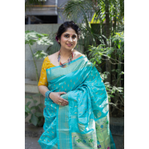 Pure Silk Handloom Peacock Blue Paithani