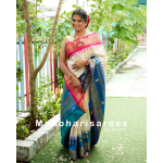 Cream & Blue Pure Silk Kuttu Gadhwal Saree with Golden Zari Border & Floral Pallu