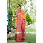 Sunset Orange & Rani Pink Gadhwal Silk Saree with Temple Border and Traditional Buttas