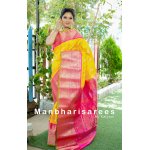 Sunshine Yellow & Rani Pink Gadhwal Silk Saree with Rich Zari Border & Temple Motif