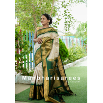 Dark Green & Cream Gingham Gadhwal Saree