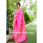 Elegant Pink Gadhwal Silk Saree with Zari Border and Contrast Green Edging