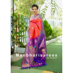Vibrant Gadhwal Silk Saree with Purple Pallu & Rich Peacock Motifs