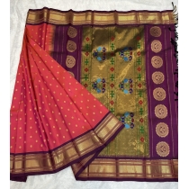 Pink with Purple Border Silk Handloom Kalanjali Paithani
