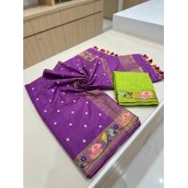Purple Kota Linen Embroidered Saree